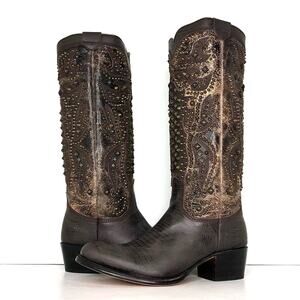 Frye Deborah Deco Tall Studded Crackle Leather Western Boots Women’s 6.5 Shoes